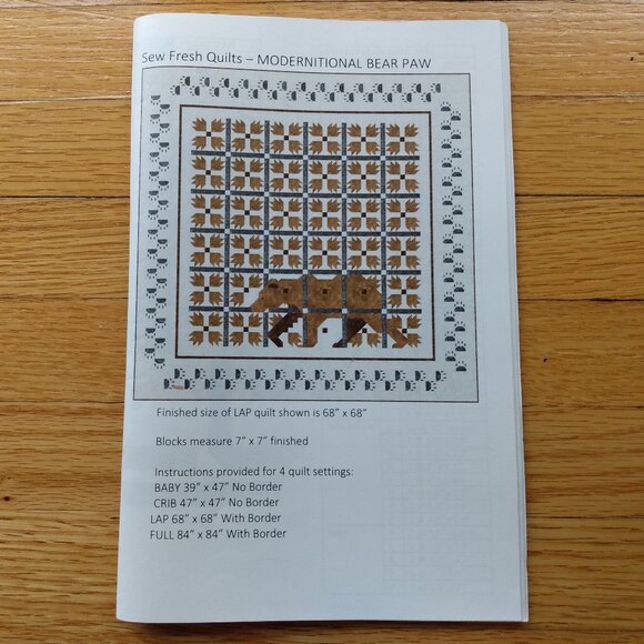 Bear Paw Quilt Sewing Pattern Modernitional Grizzly Baby Lap Full Made in Canada - Picture 1 of 7